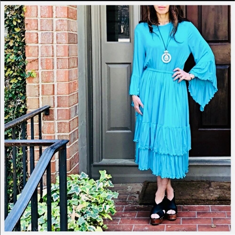 Classic Woman layered bell sleeve midi dress in blue medium